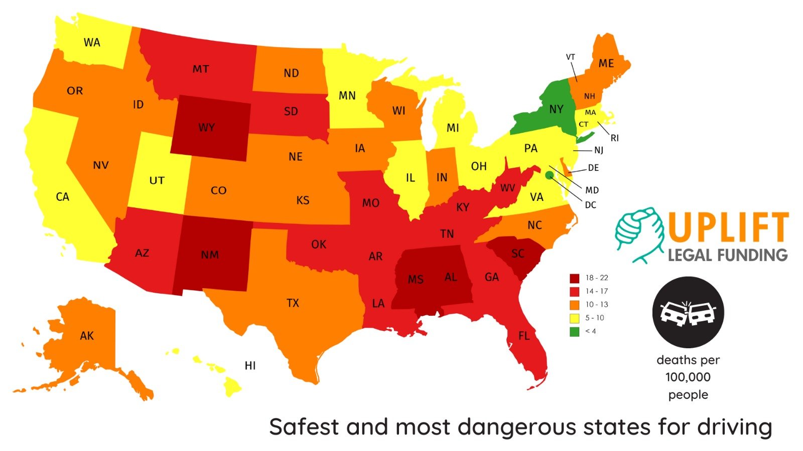 Most dangerous US states for driving, per capita